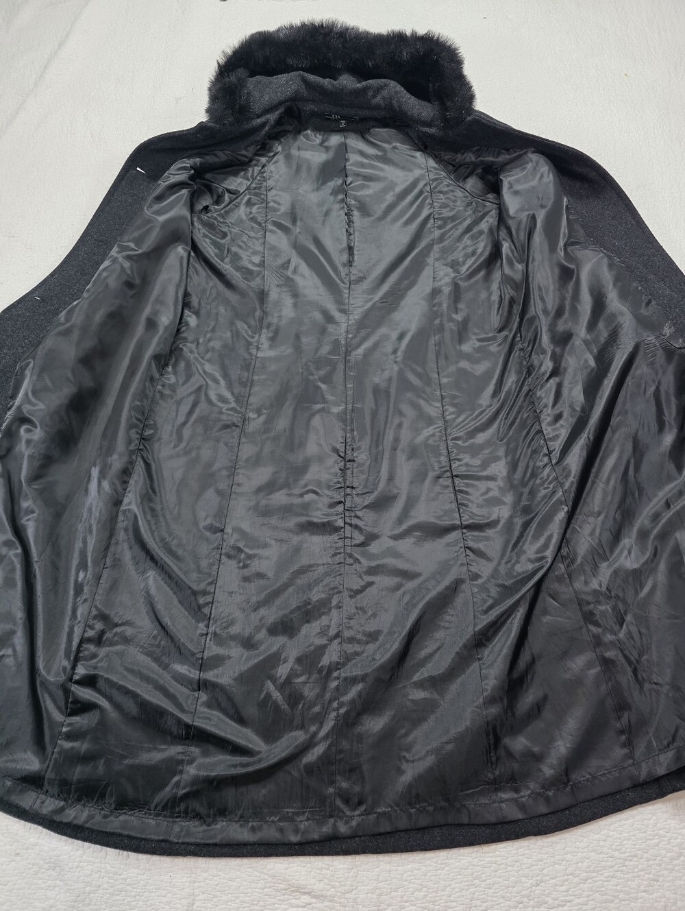 Vintage JP 1893 Charcoal Gray Wool Hooded Long Coat with Black Faux Fur Trim - Picture 10 of 13